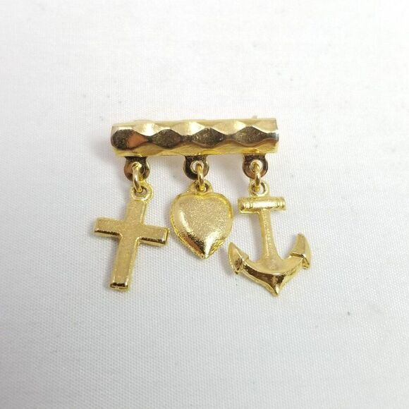 Vintage Anchor Heart Cross Charm Brooch, Gold Tone, Faith Hope Love, Religious - Picture 7 of 8